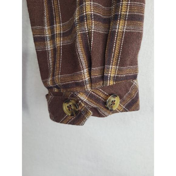 Democracy Women’s Plaid Flannel Shacket Brown L Relaxed Fit Raw Hem Preppy Cozy - Picture 6 of 12